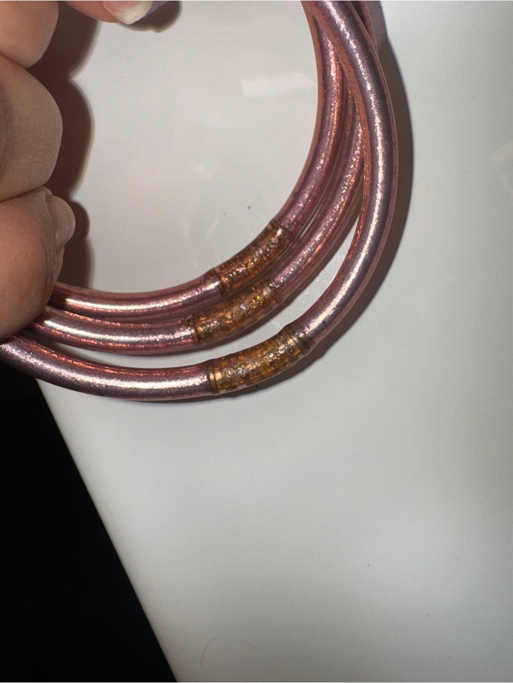 Budhagirl all weather bangles LARGE~Set of Three Metallic Rose Gold Bangles - Picture 6 of 9